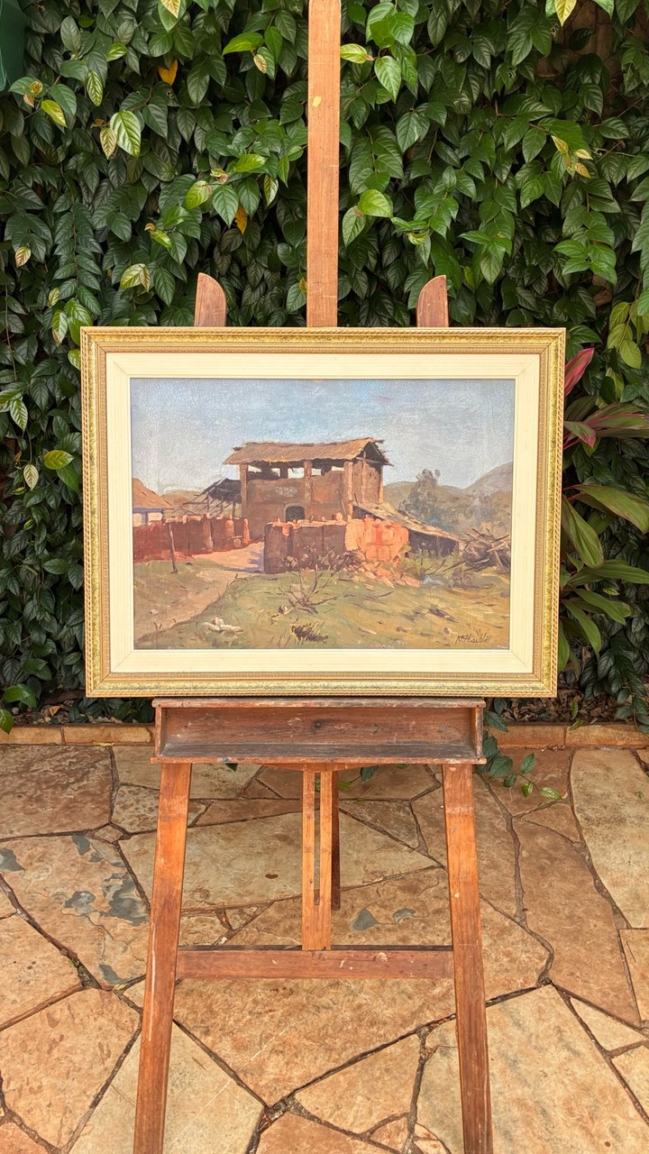 Quadro a Óleo Paisagem Rural com Construção Rústica