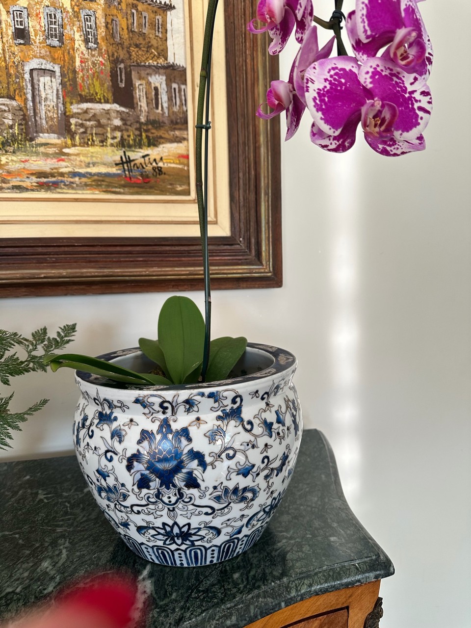 Cachepot Porcelana Chinesa Azul e Branco